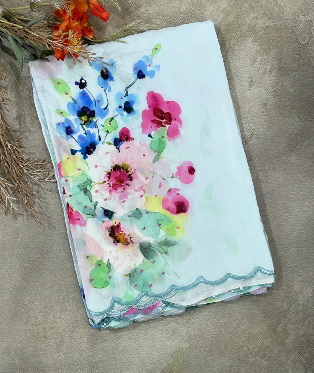 Sky blue sequins work scallop border printed pure crepe party wear saree