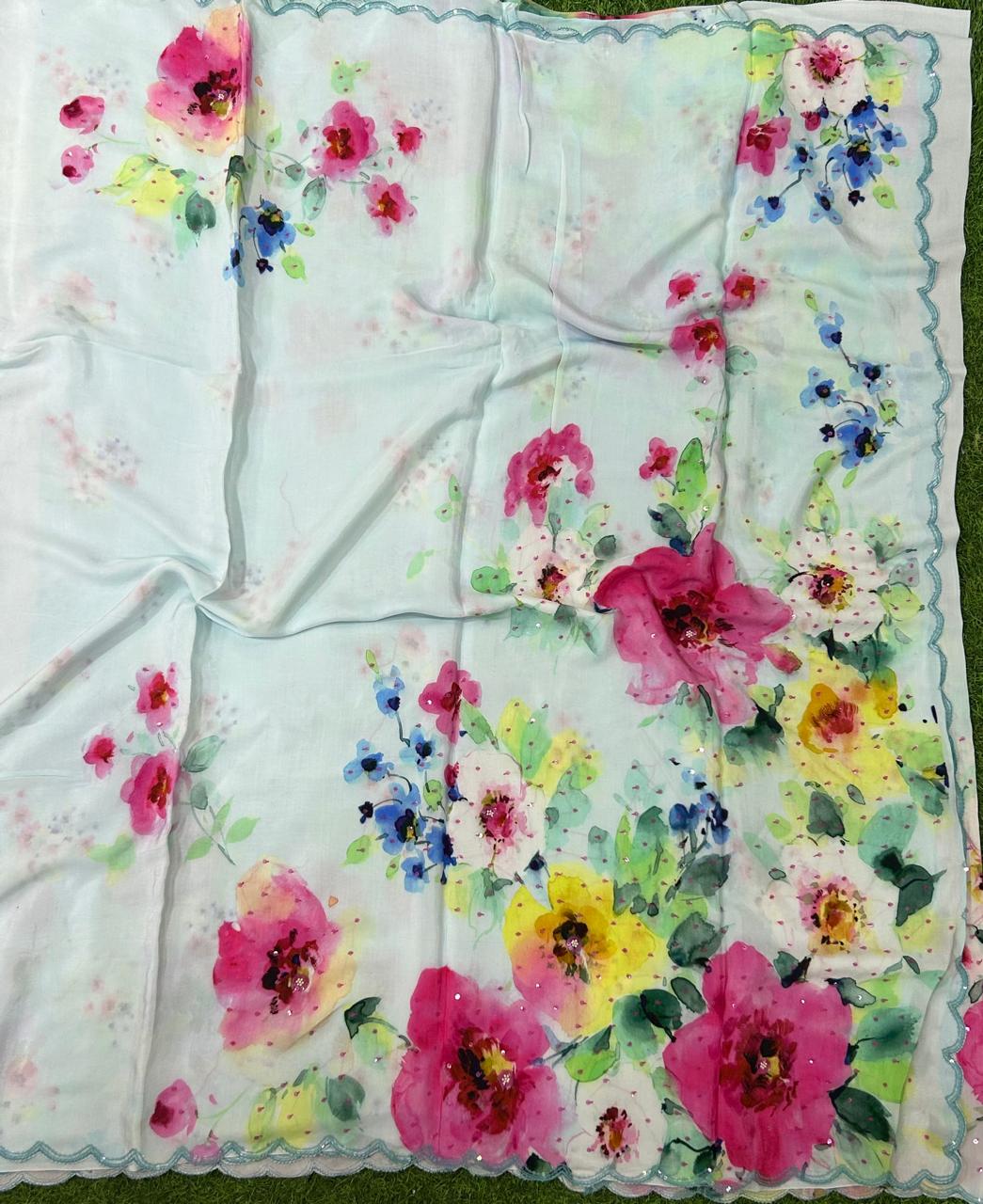 Sky blue sequins work scallop border printed pure crepe party wear saree