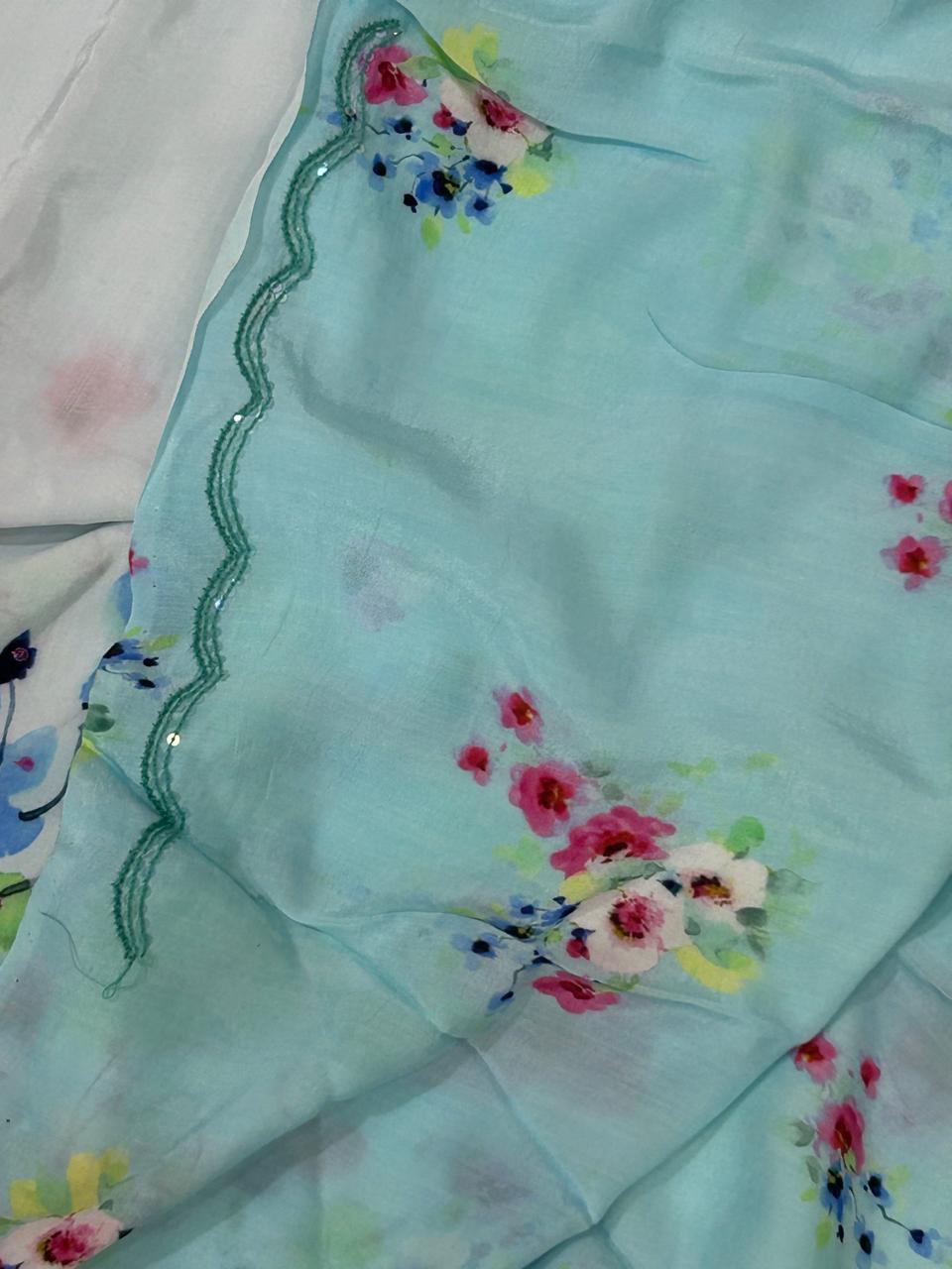 Sky blue sequins work scallop border printed pure crepe party wear saree