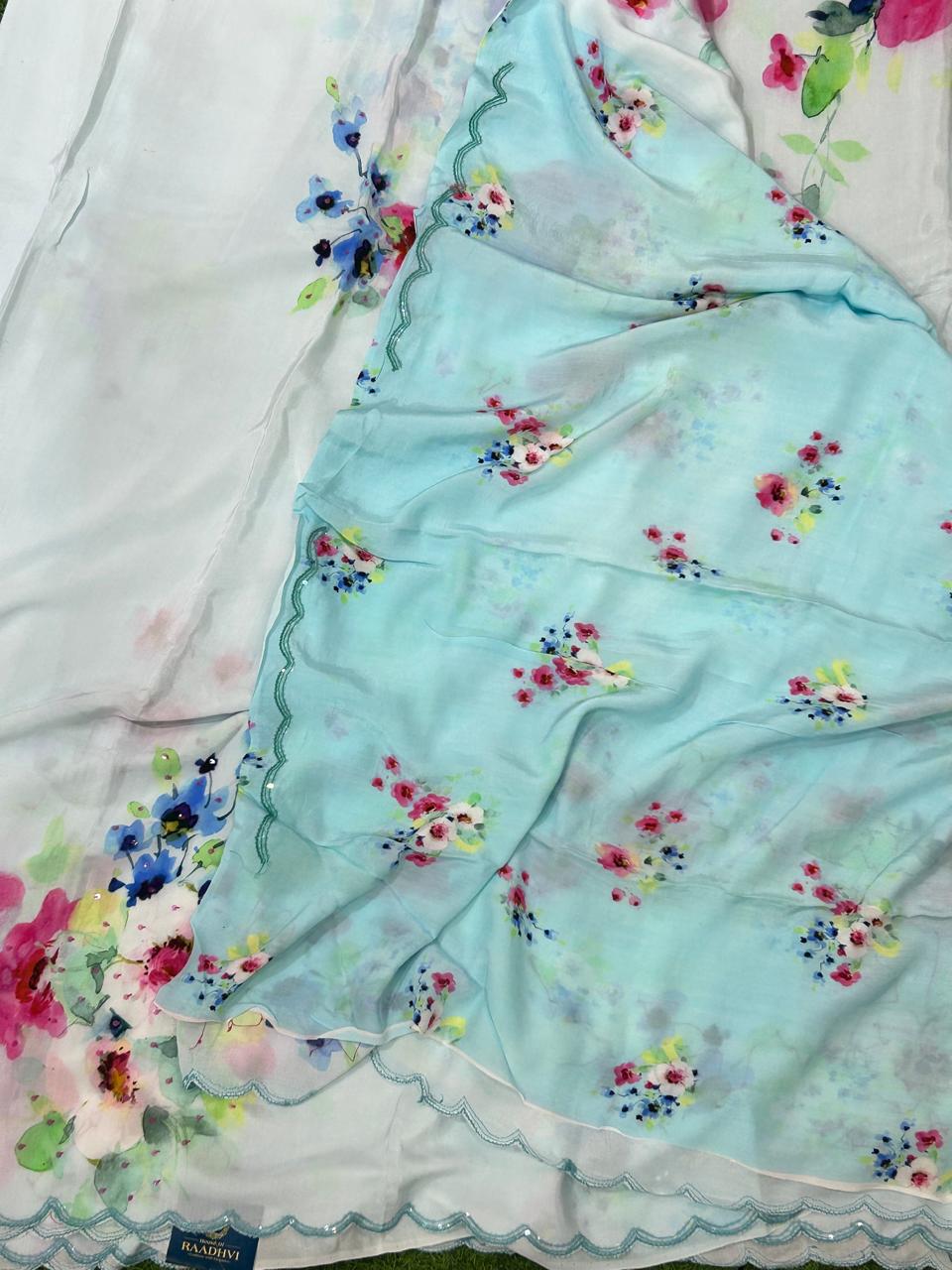 Sky blue sequins work scallop border printed pure crepe party wear saree