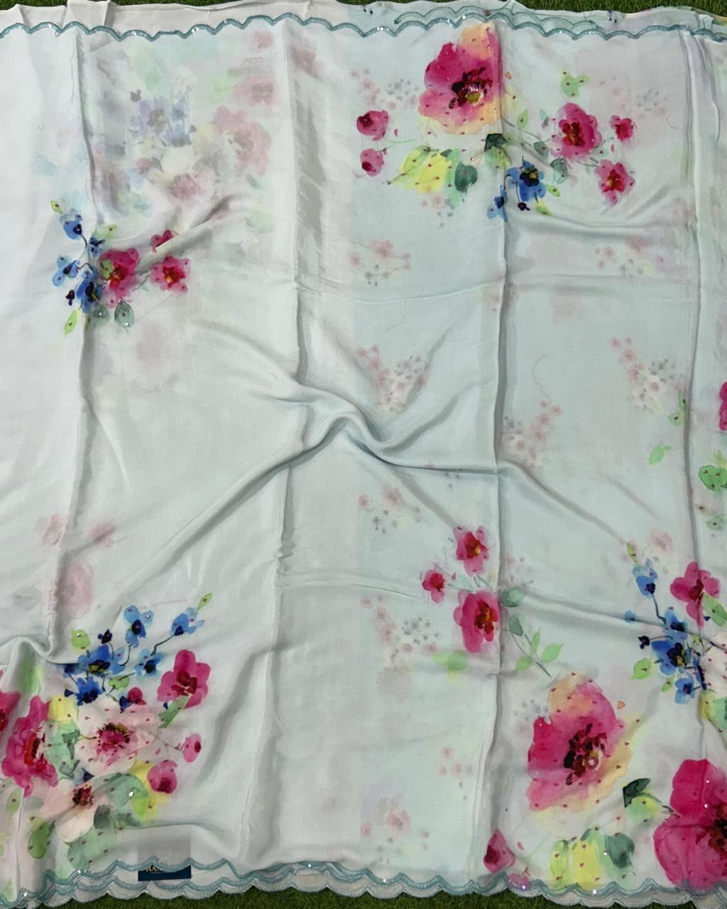 Sky blue sequins work scallop border printed pure crepe party wear saree