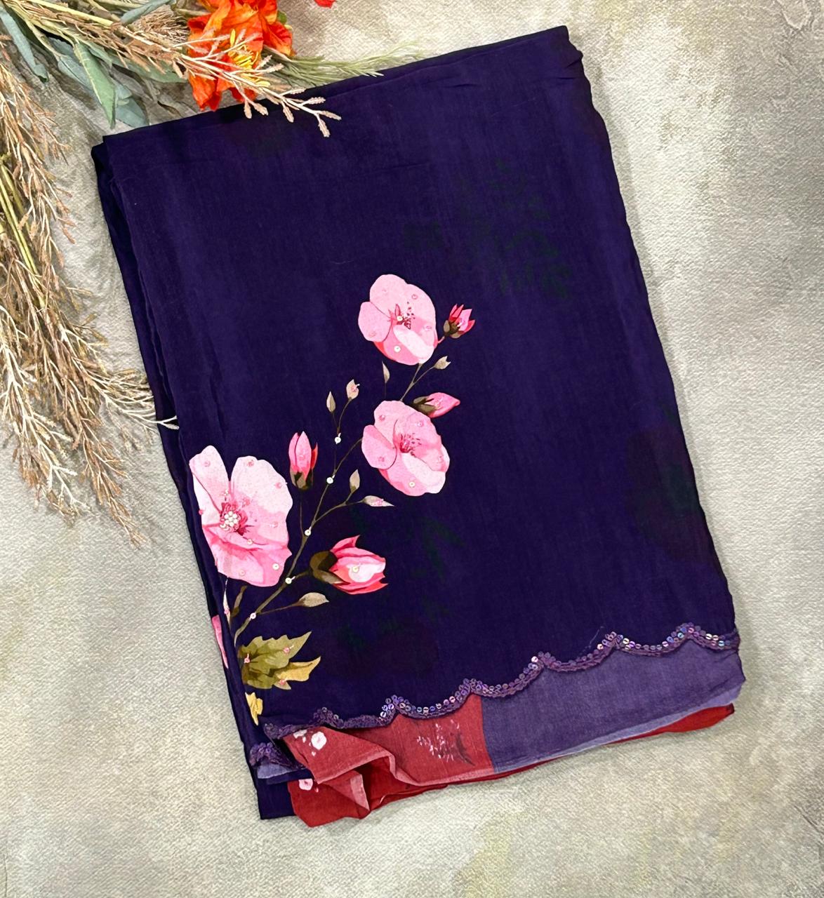 Navy blue sequins work scallop border printed pure crepe party wear saree