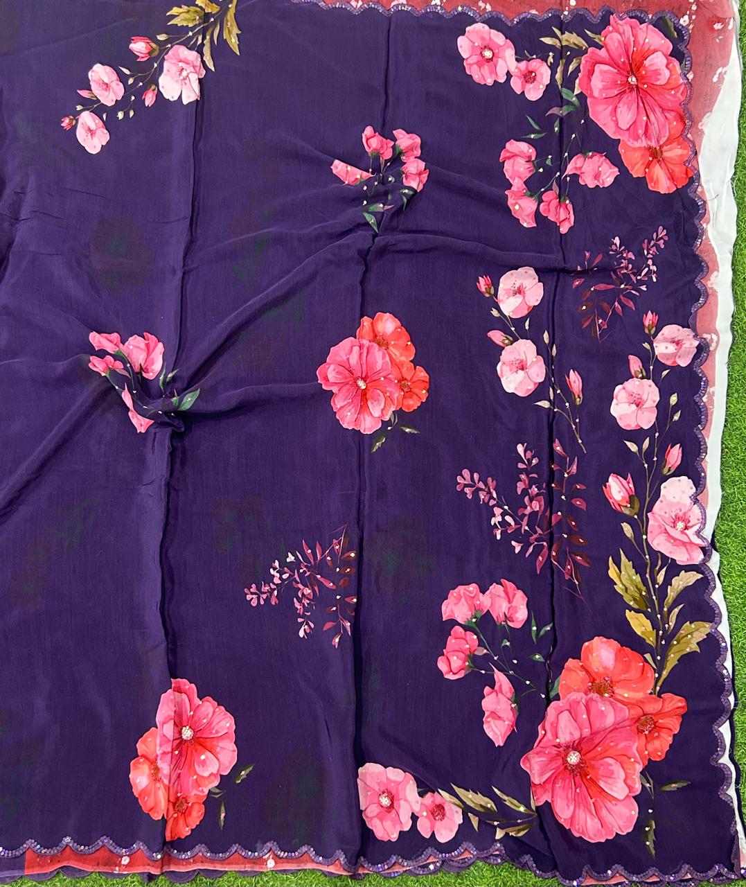 Navy blue sequins work scallop border printed pure crepe party wear saree