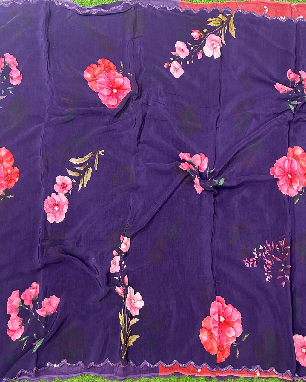 Navy blue sequins work scallop border printed pure crepe party wear saree