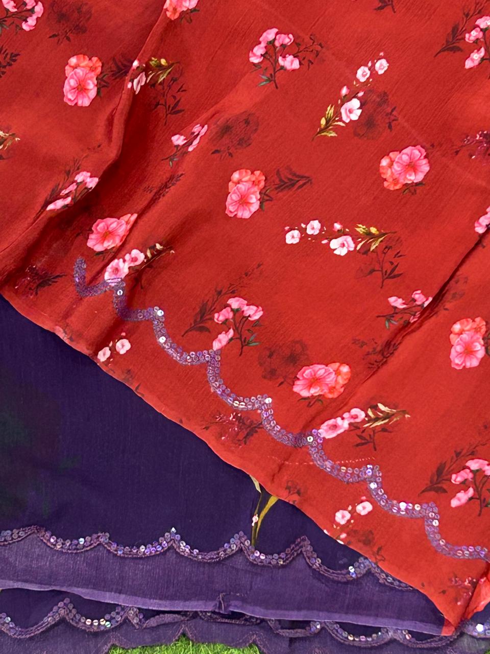 Navy blue sequins work scallop border printed pure crepe party wear saree