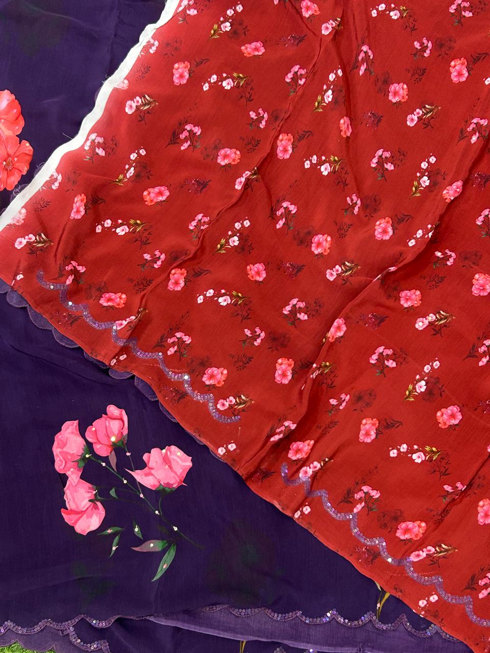 Navy blue sequins work scallop border printed pure crepe party wear saree