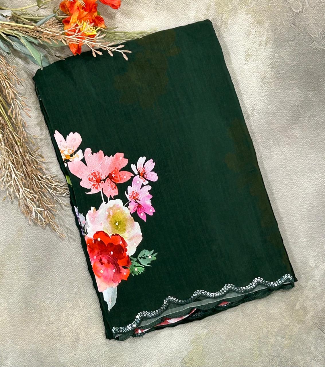 Bottle green sequins work scallop border printed pure crepe party wear saree