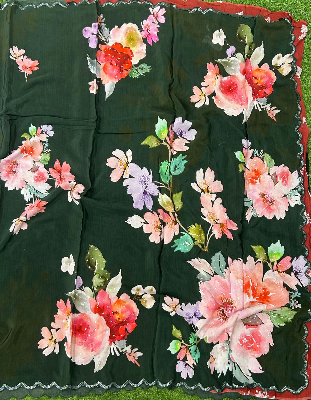 Bottle green sequins work scallop border printed pure crepe party wear saree