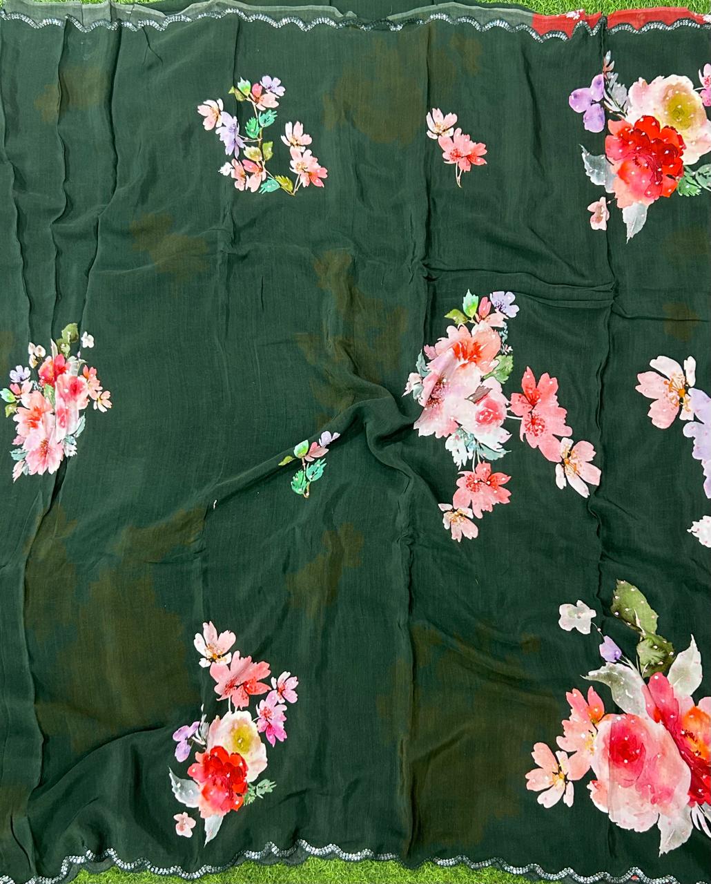 Bottle green sequins work scallop border printed pure crepe party wear saree