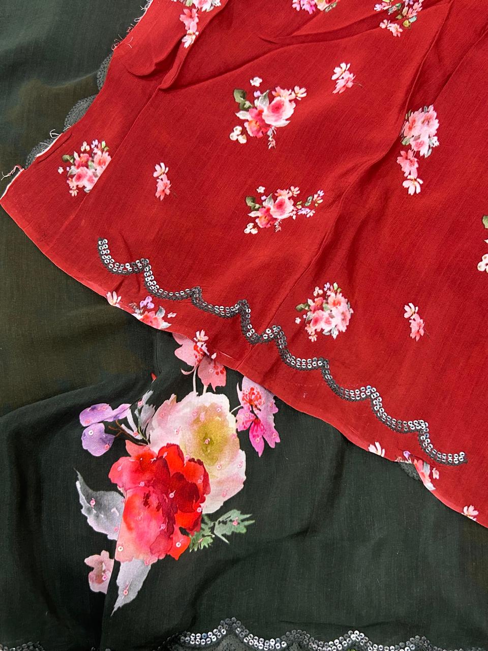 Bottle green sequins work scallop border printed pure crepe party wear saree