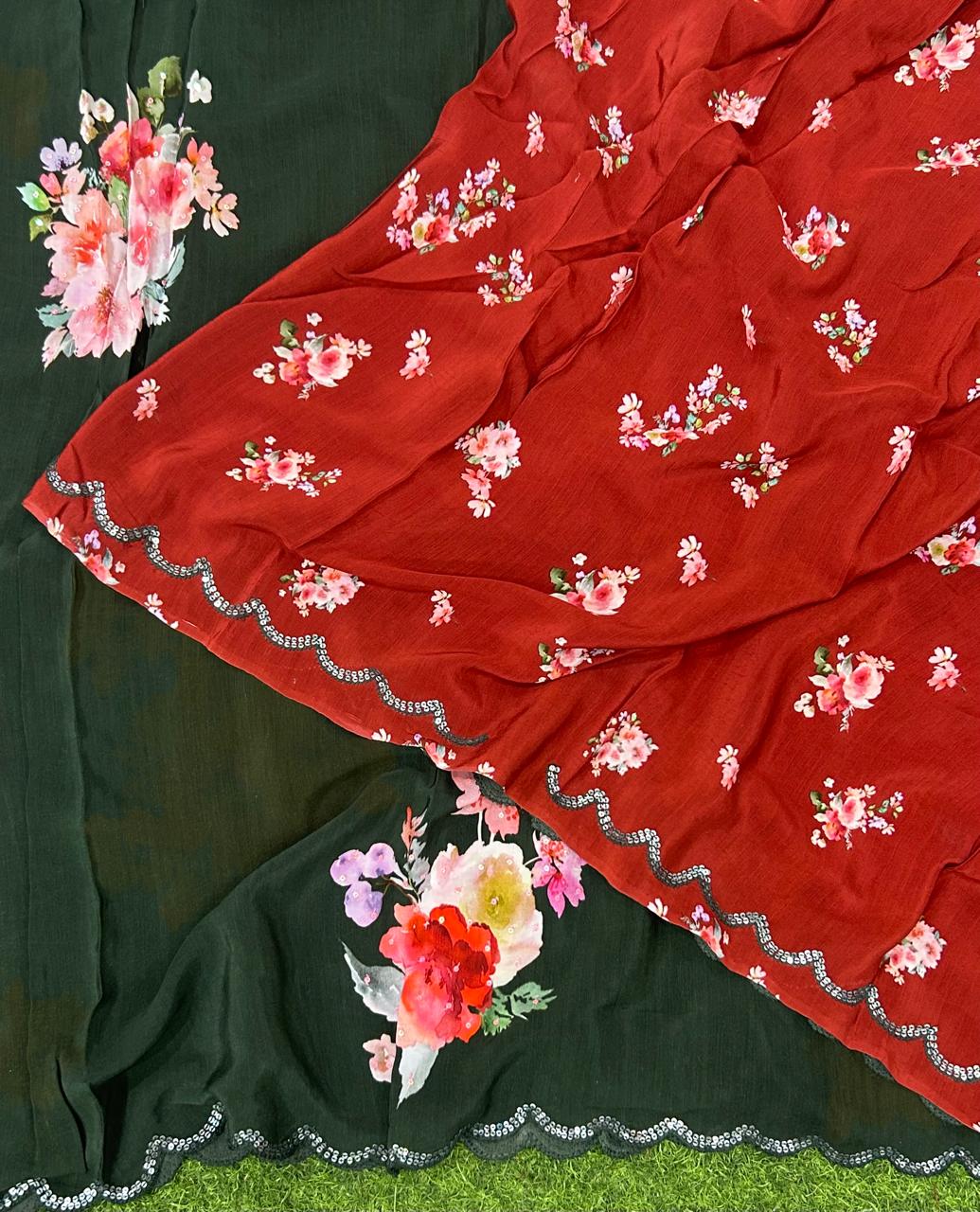 Bottle green sequins work scallop border printed pure crepe party wear saree