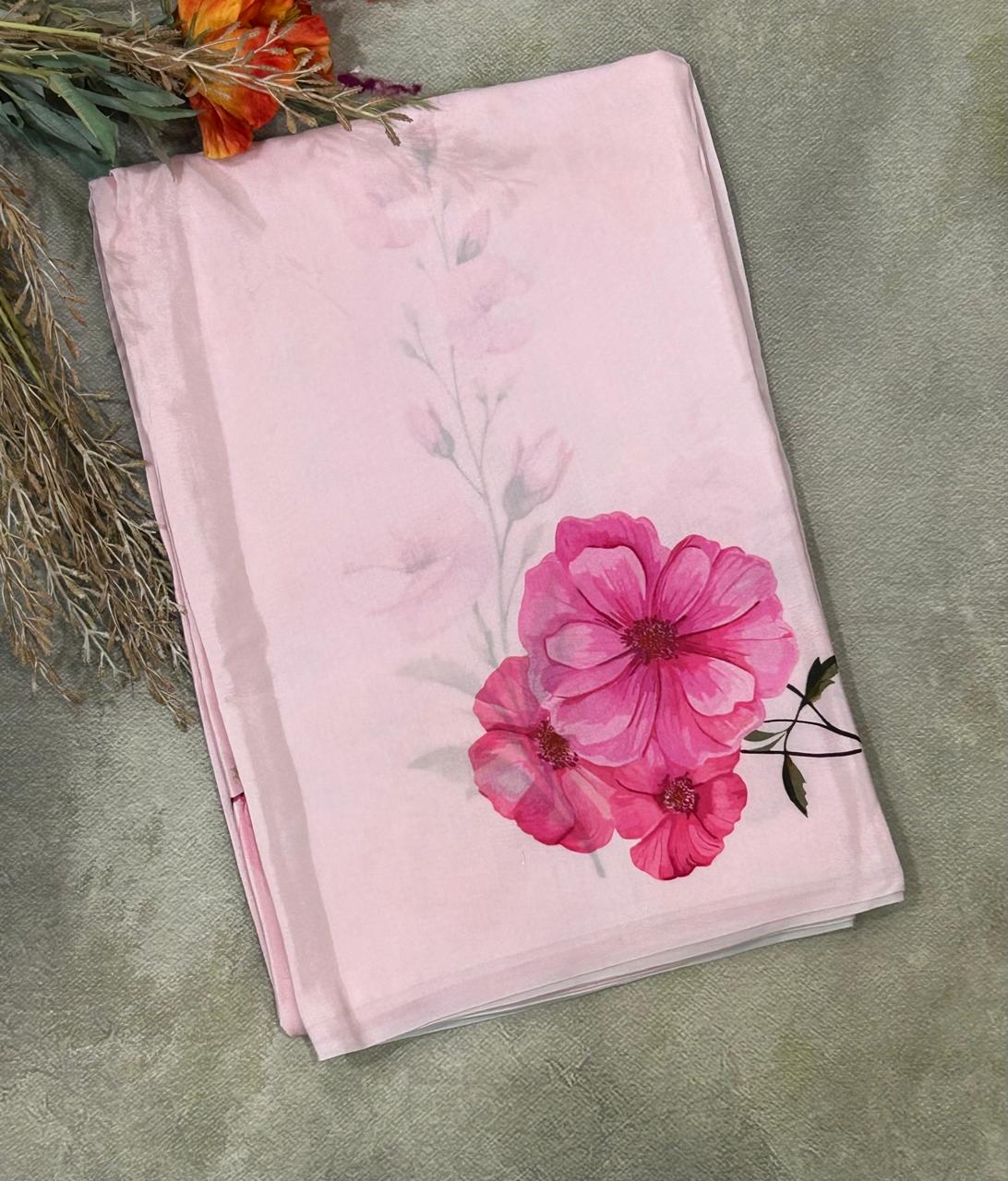 Baby pink digital printed pure crepe party wear saree