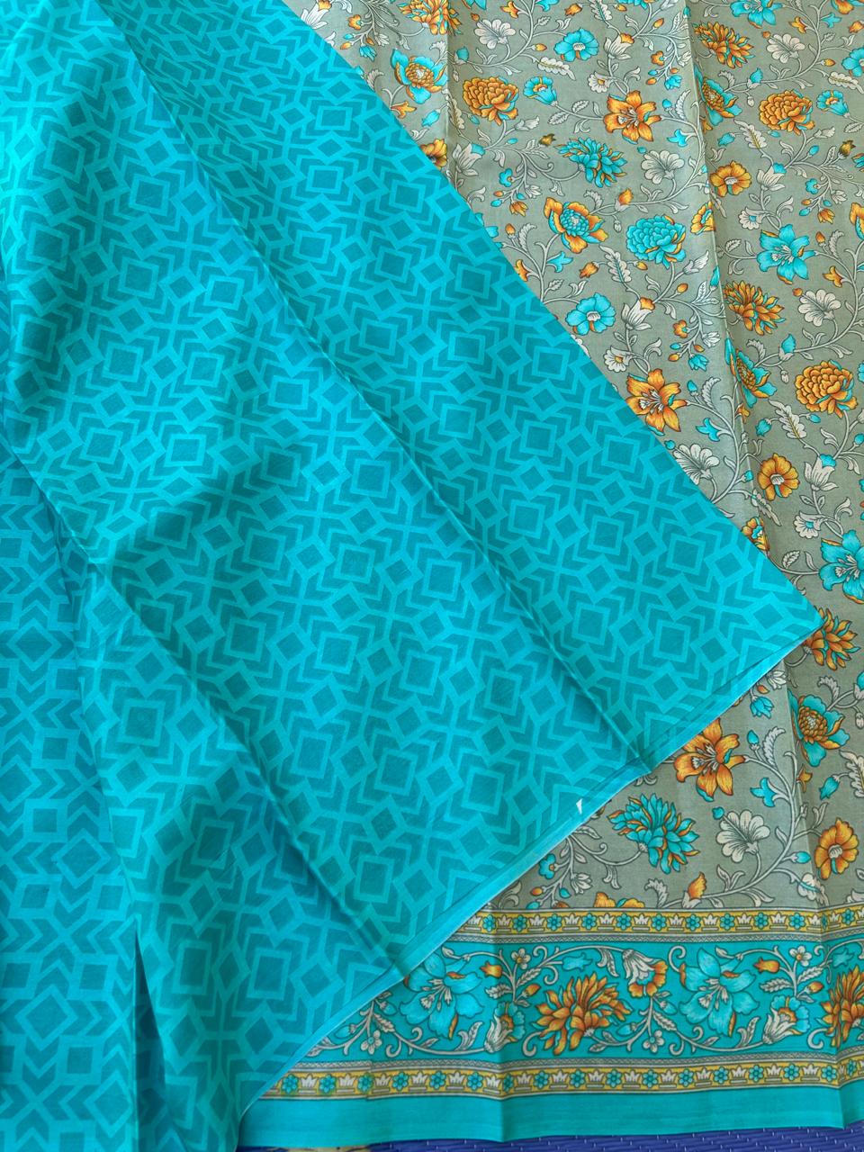 Light grey digital print new"abutai" silk saree