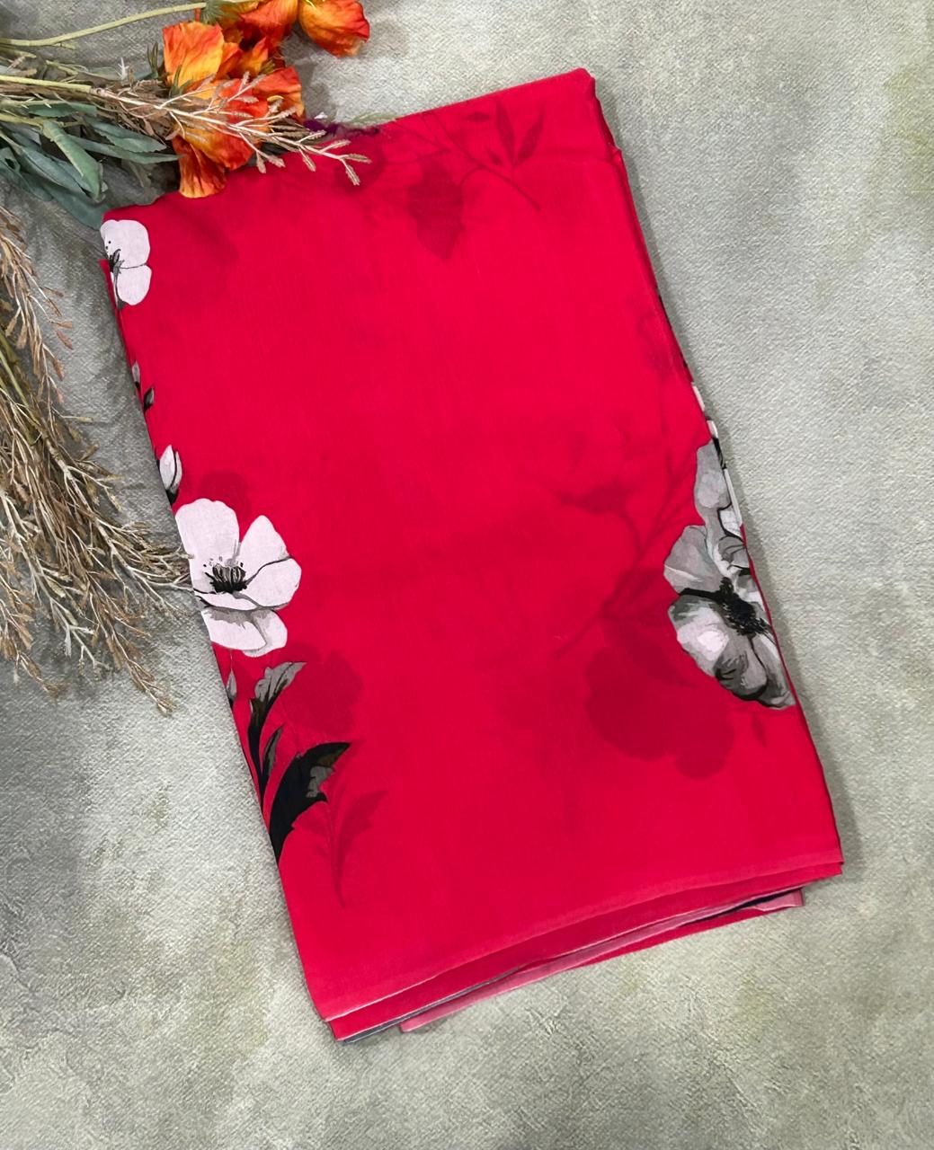 Cherry pink digital printed pure crepe party wear saree