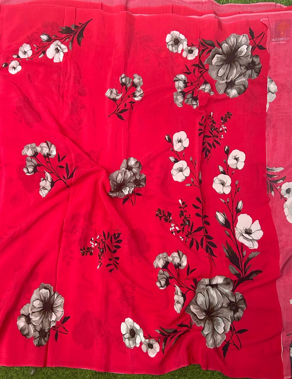 Cherry pink digital printed pure crepe party wear saree