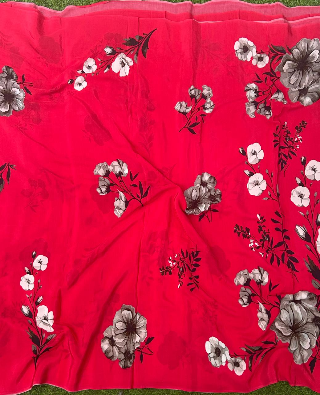 Cherry pink digital printed pure crepe party wear saree