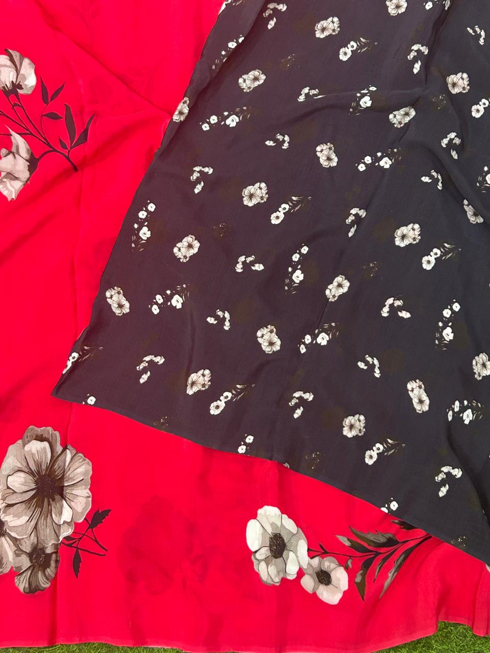 Cherry pink digital printed pure crepe party wear saree