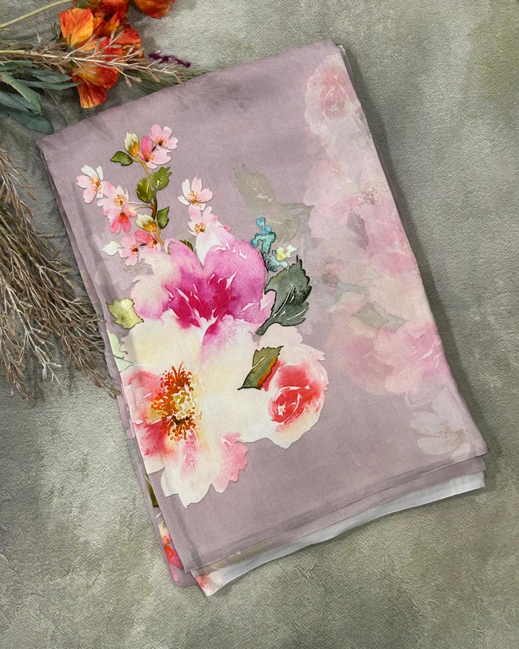 Lilac digital printed pure crepe party wear saree