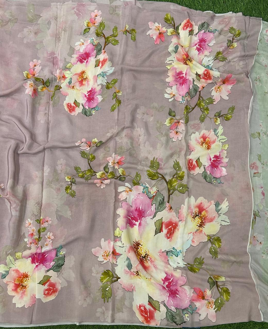 Lilac digital printed pure crepe party wear saree