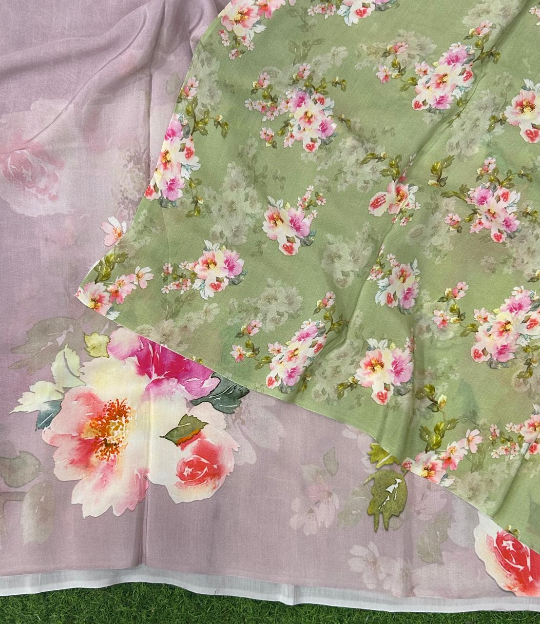 Lilac digital printed pure crepe party wear saree