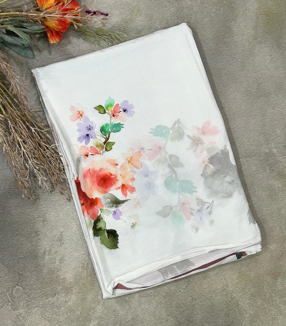 White digital printed pure crepe party wear saree