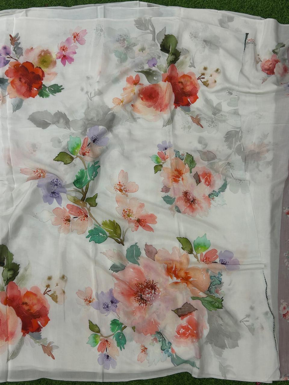 White digital printed pure crepe party wear saree