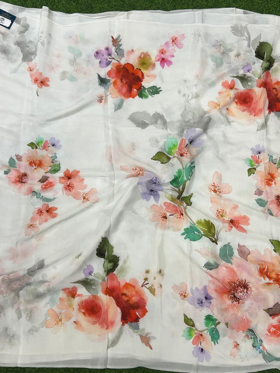 White digital printed pure crepe party wear saree