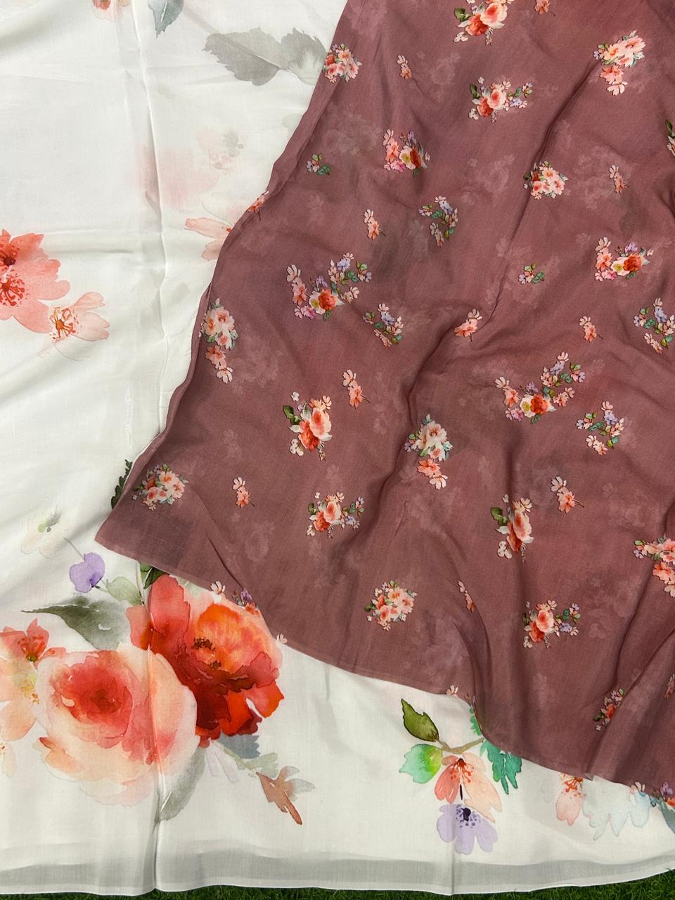 White digital printed pure crepe party wear saree