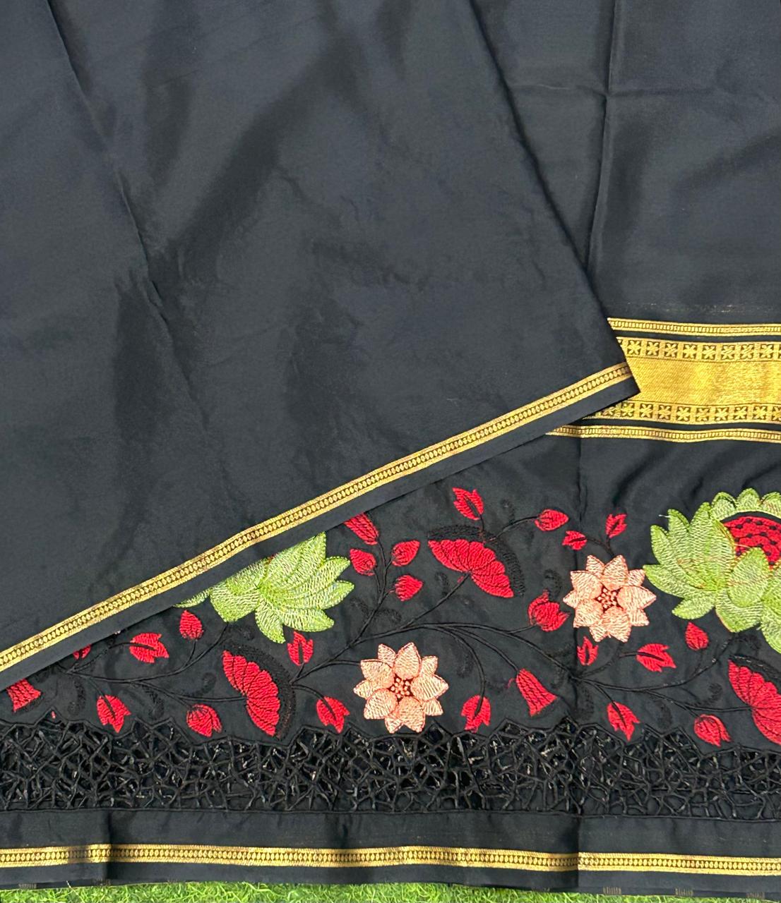 Black cut work semi mysore silk saree(RR)