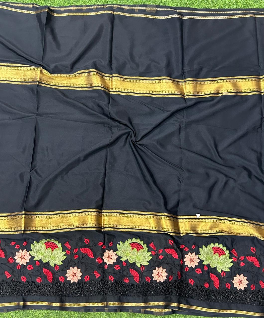 Black cut work semi mysore silk saree(RR)