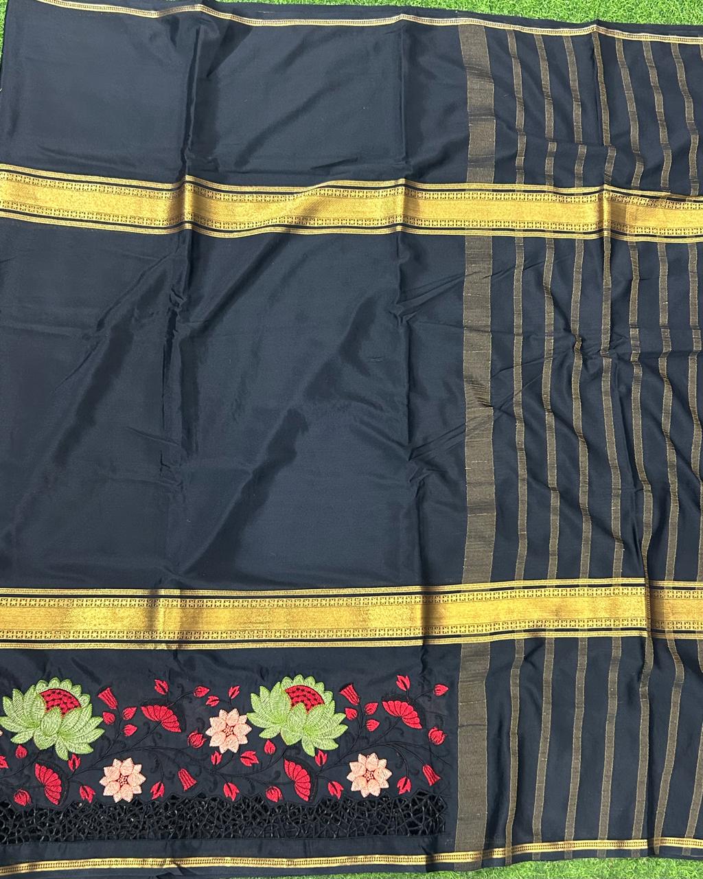Black cut work semi mysore silk saree(RR)