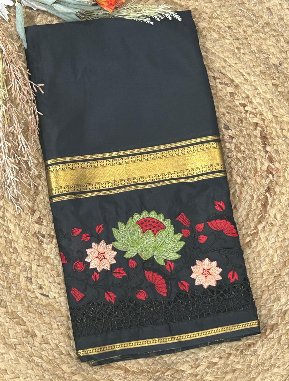 Black cut work semi mysore silk saree(RR)