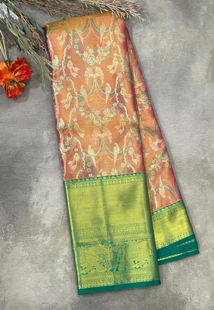 Light orange brocade pure kanchipuram silk saree