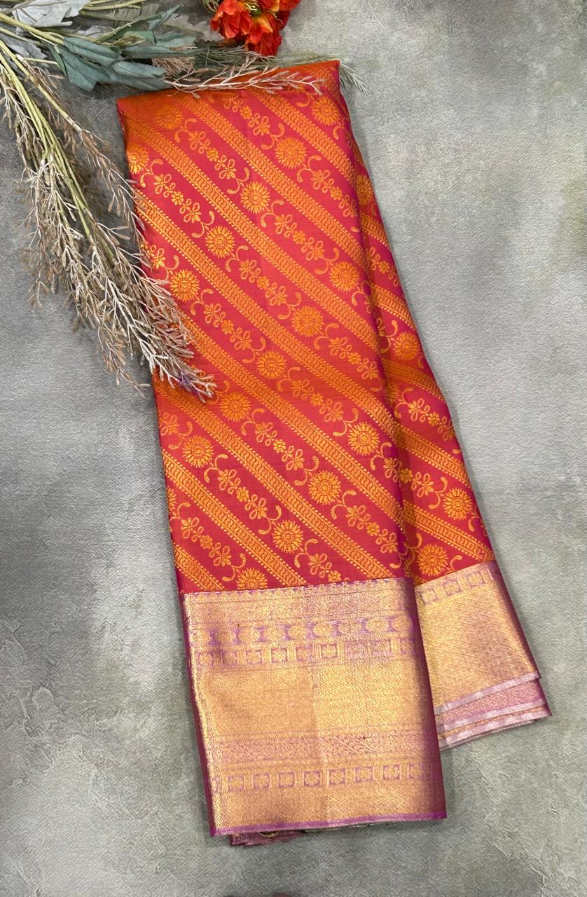 Pink stripes pure kanchipuram silk saree