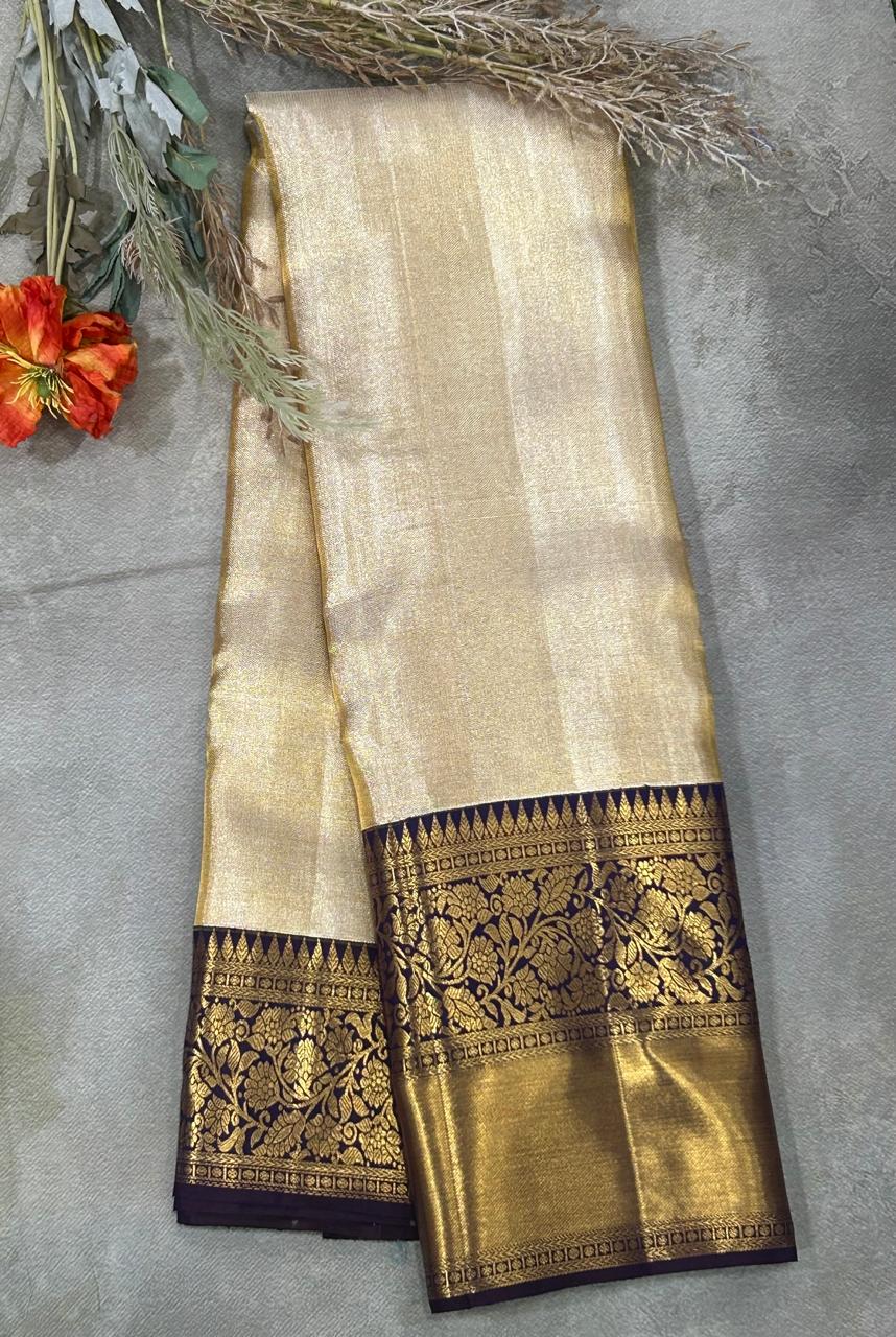 Golden plain pure kanchipuram silk saree
