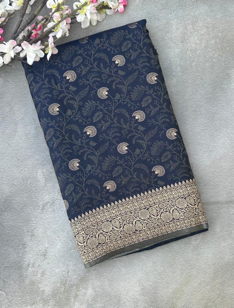 Navy blue brocade satin semi silk saree