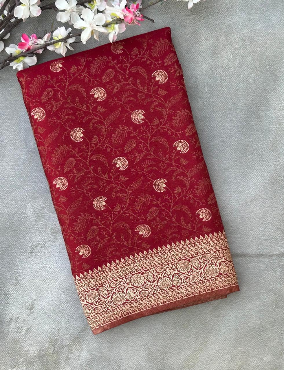 Red brocade satin semi silk saree
