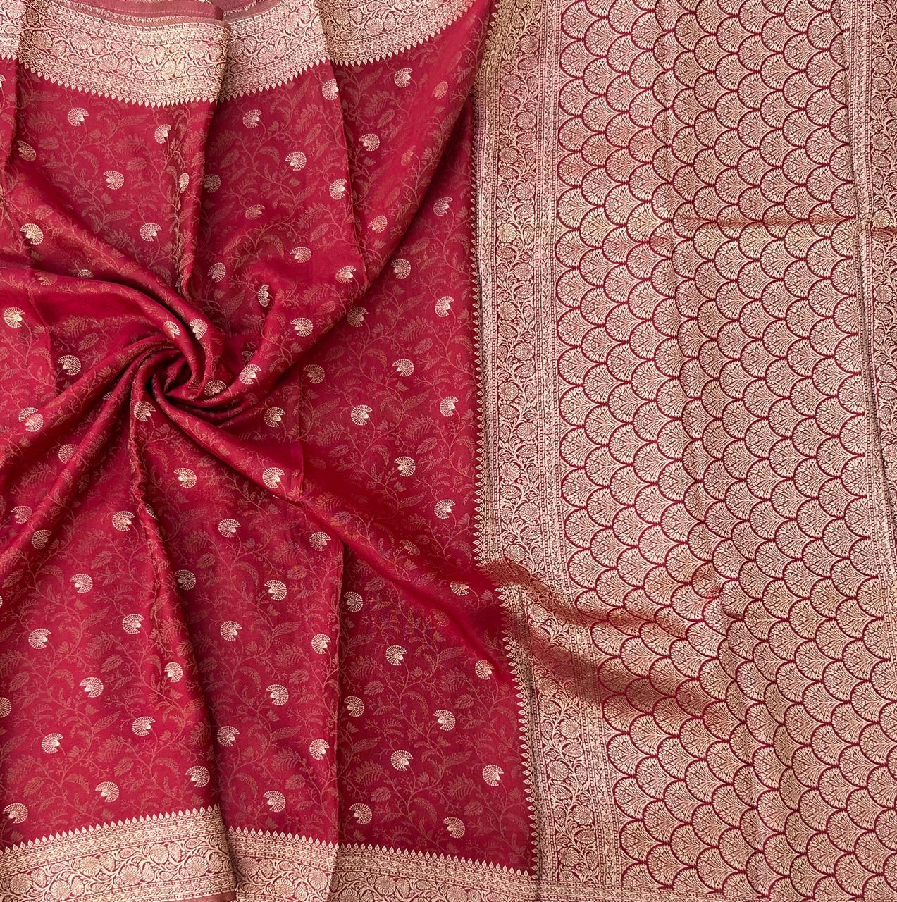 Red brocade satin semi silk saree