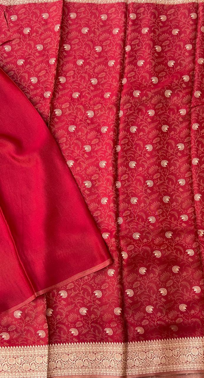 Red brocade satin semi silk saree