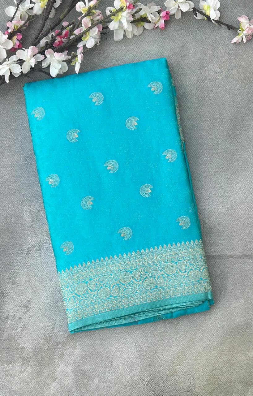Sea blue brocade satin semi silk saree