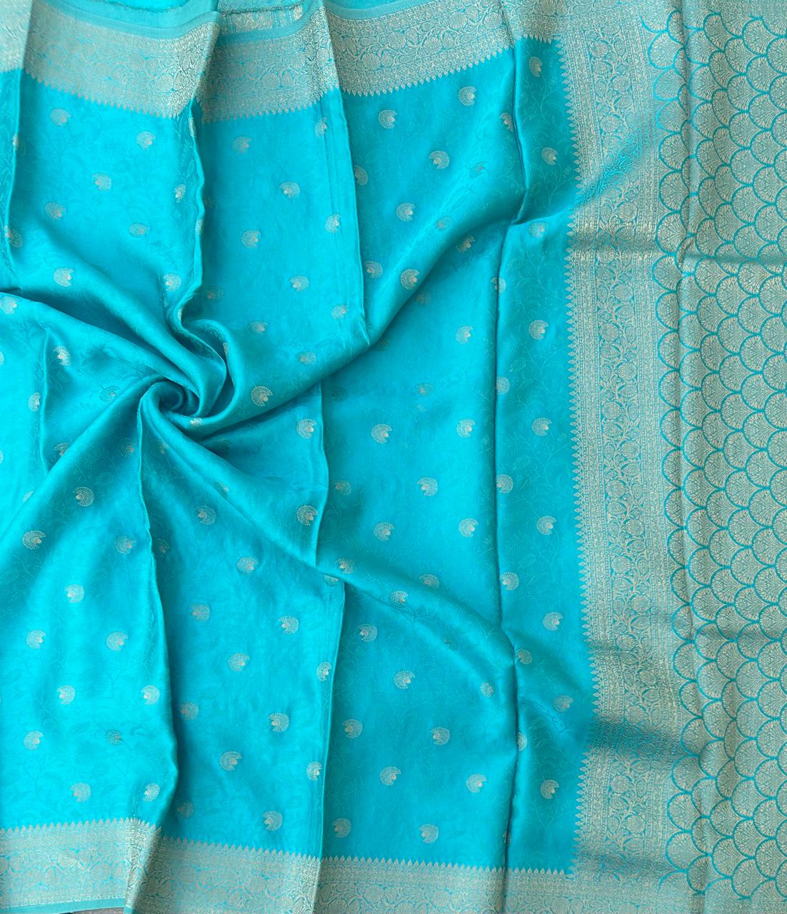 Sea blue brocade satin semi silk saree