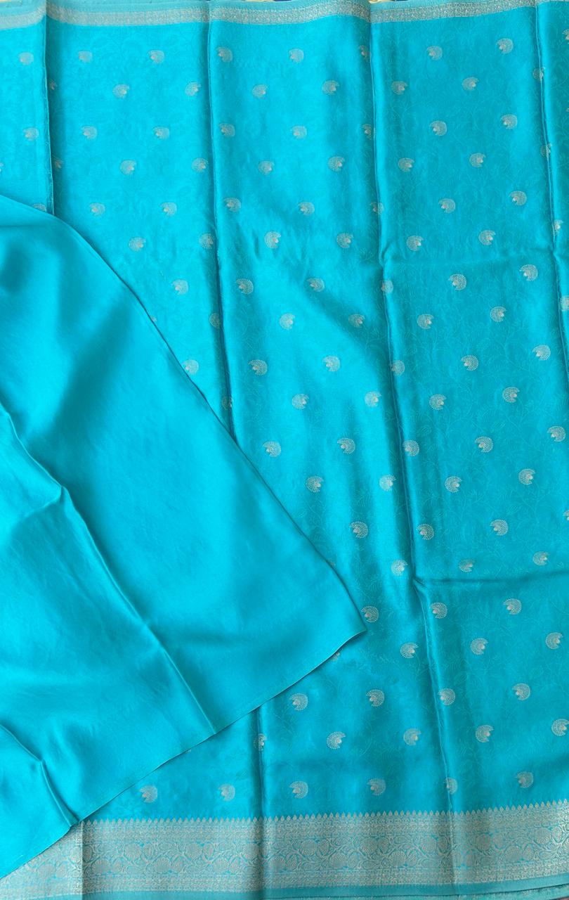 Sea blue brocade satin semi silk saree