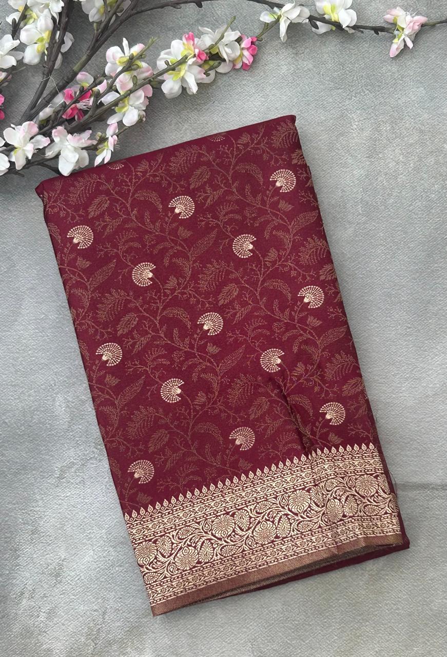 Maroon brocade satin semi silk saree
