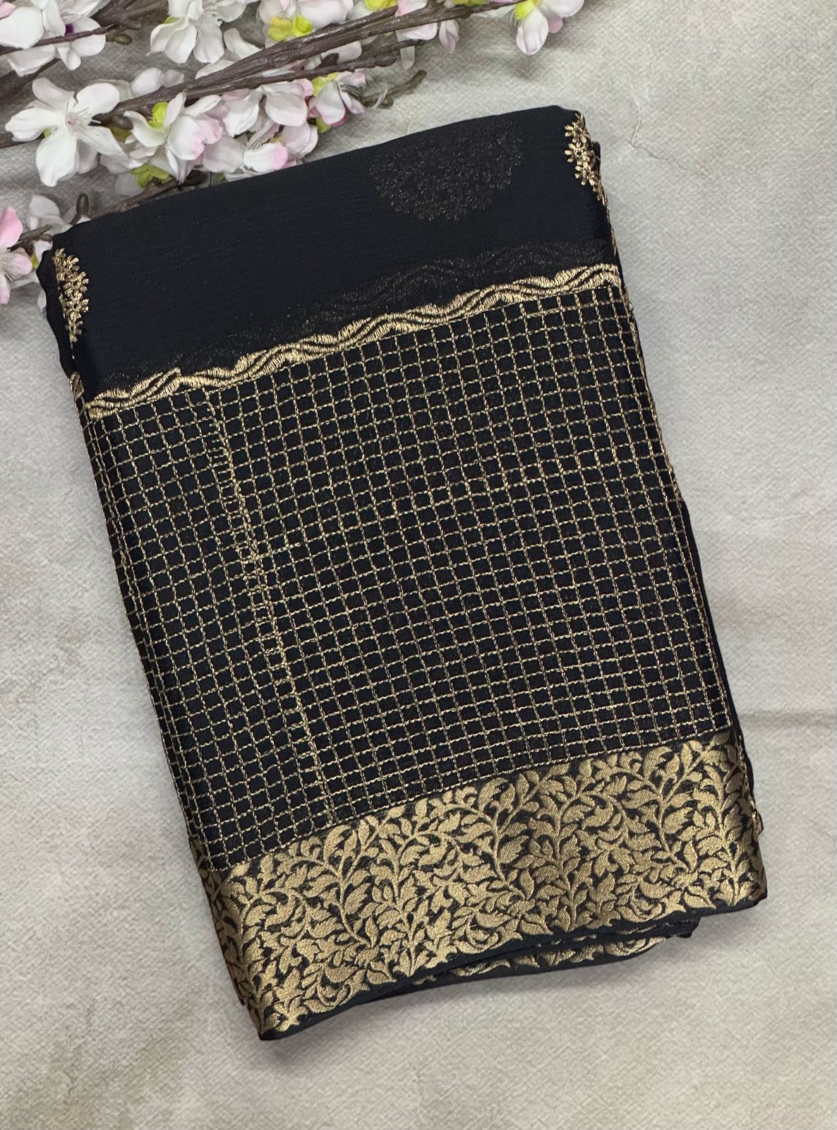 Black  chinon checks border saree