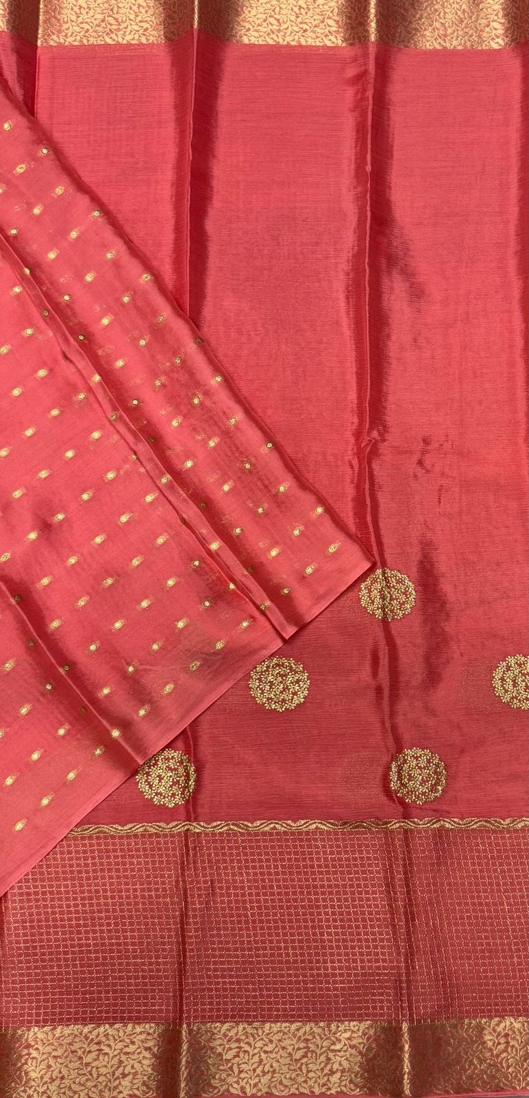 Pastel pink chinon checks border saree