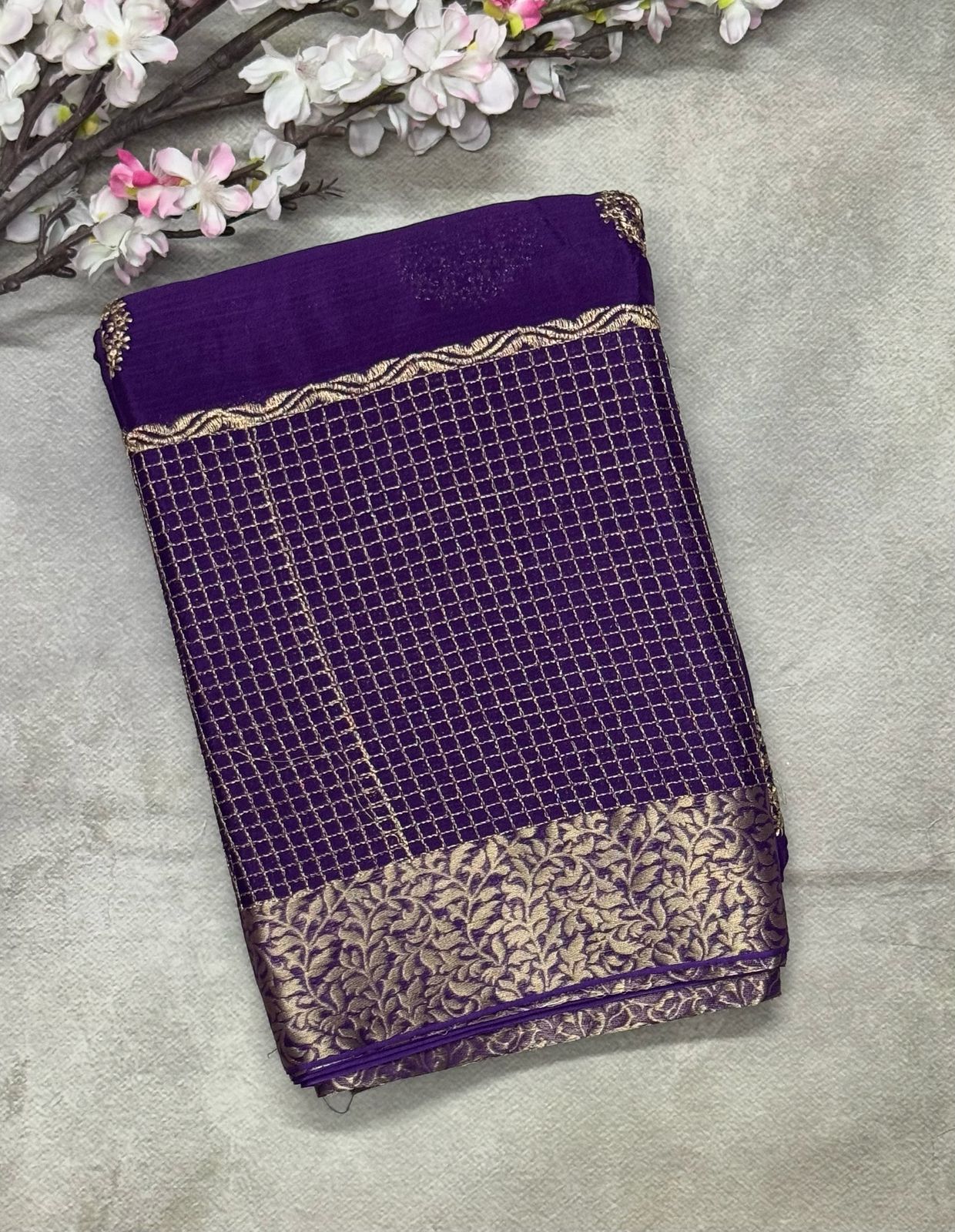 Purple chinon checks border saree