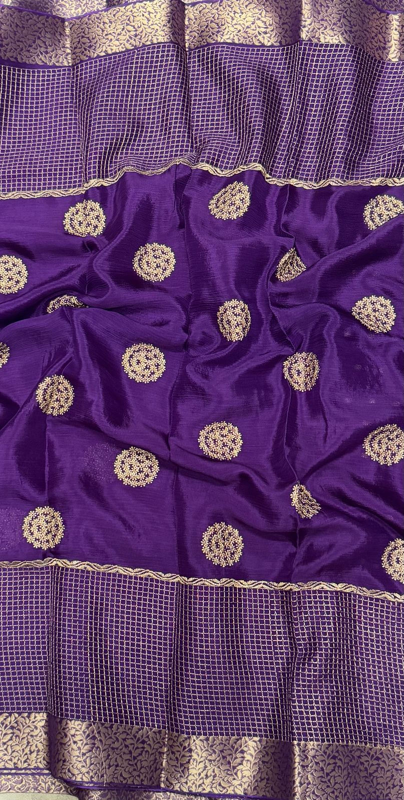 Purple chinon checks border saree