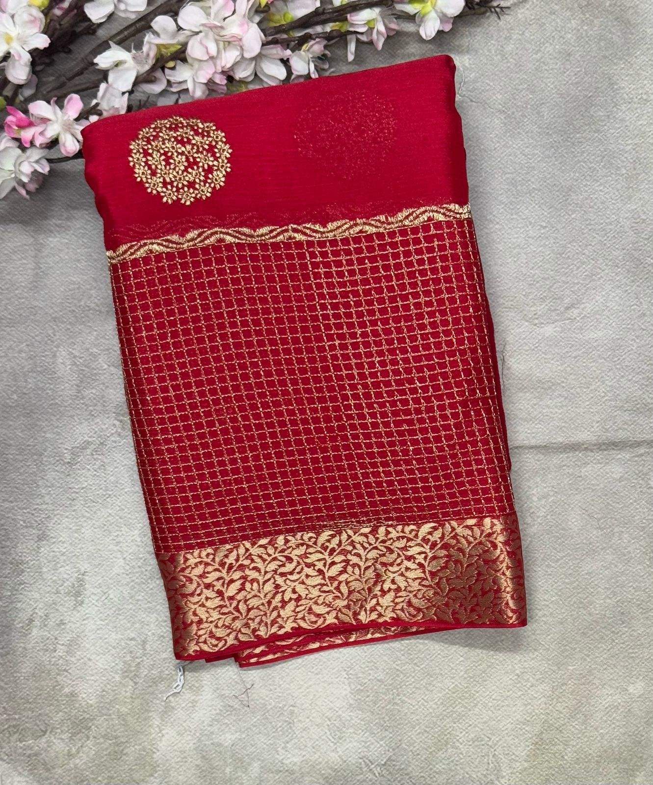Red chinon checks border saree