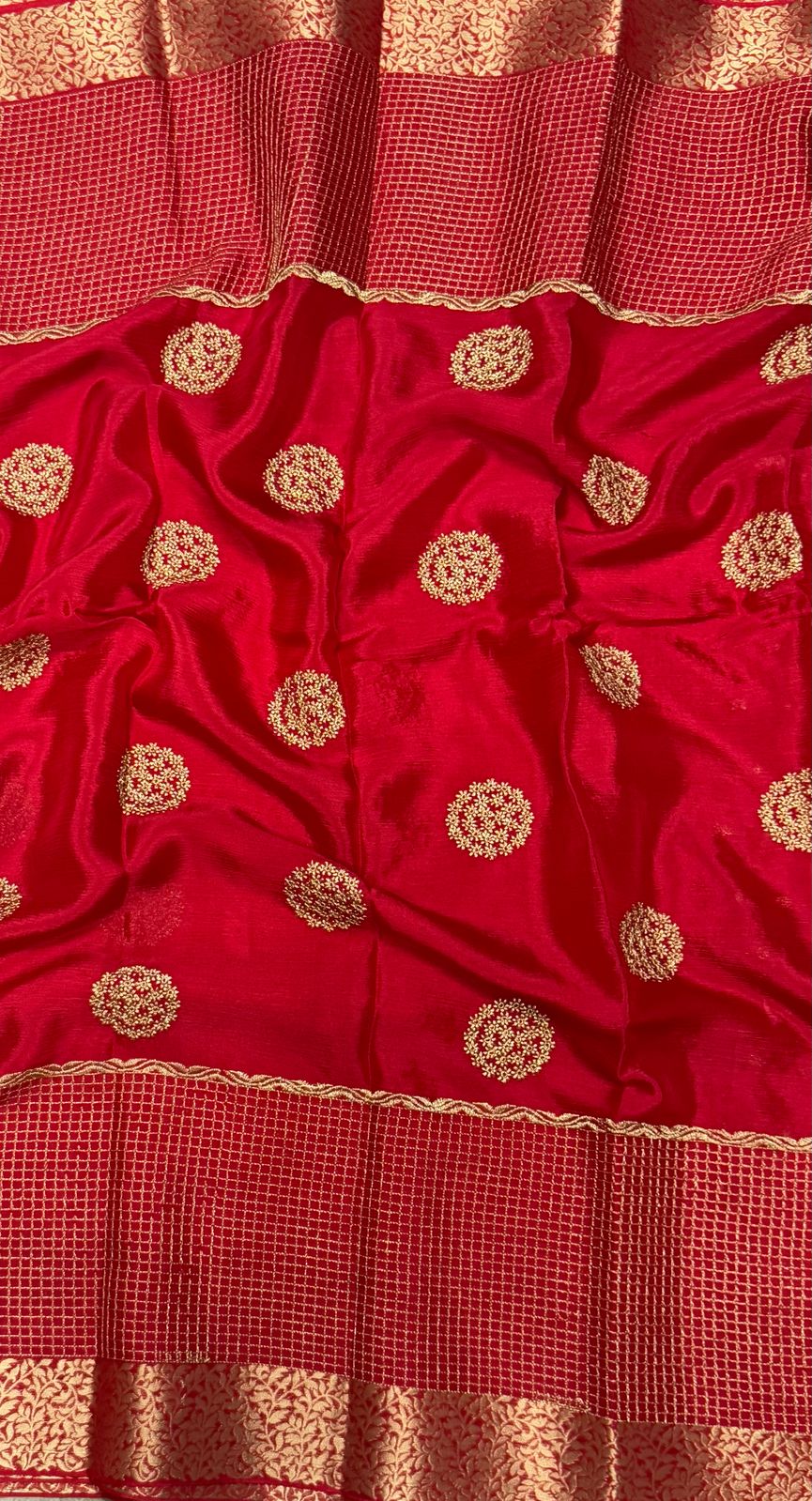 Red chinon checks border saree