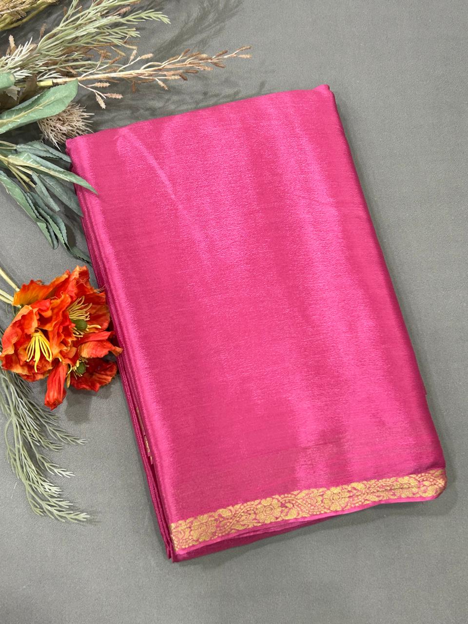 Pink with golden zari small border chinon silk saree
